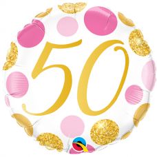 Folie helium ballon 50 jaar roze en gouden stippen
