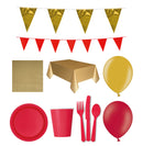 Feestpakket op kleur in 2 combikleuren 12 personen kleur goud / rood
