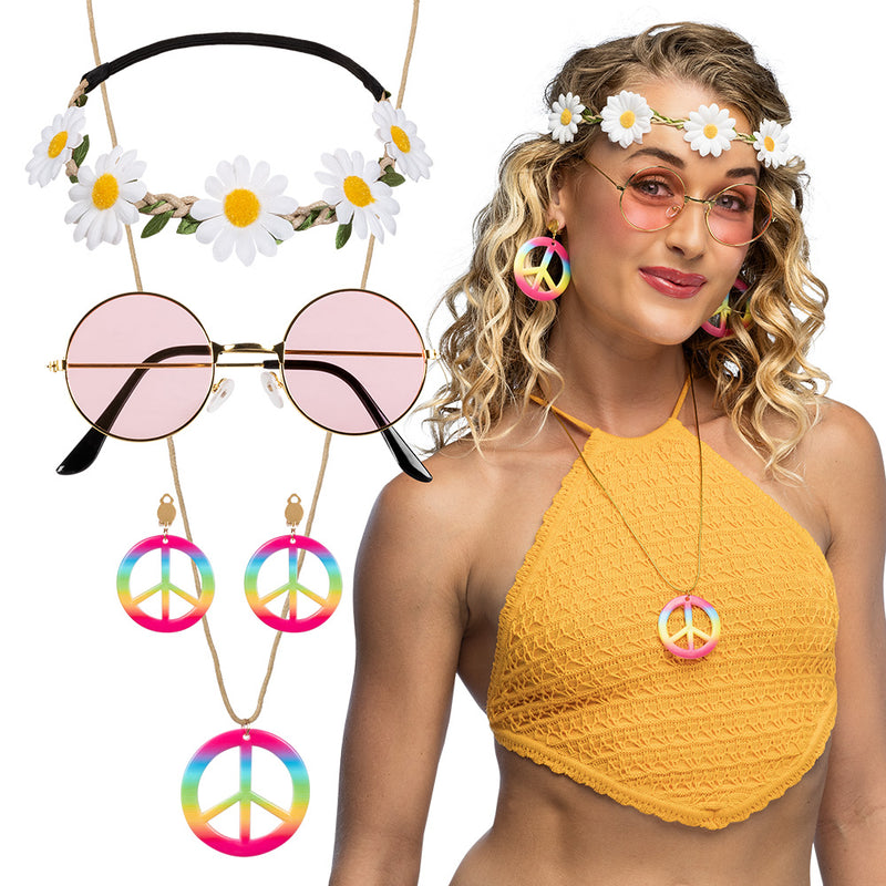 Accessoireset Hippie Deluxe (hoofdband, partybril, oorbellen en ketting)