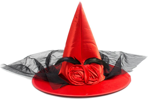 Heksenhoed rood met sluier en bloem