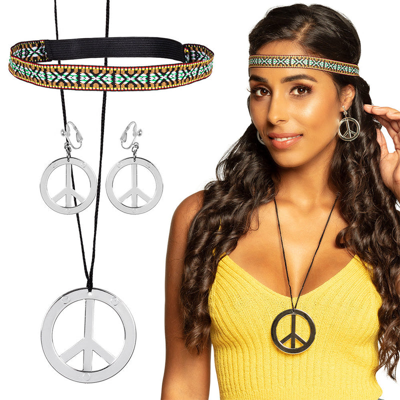 Accessoire-set Hippie (hoofdband, oorbellen, ketting)