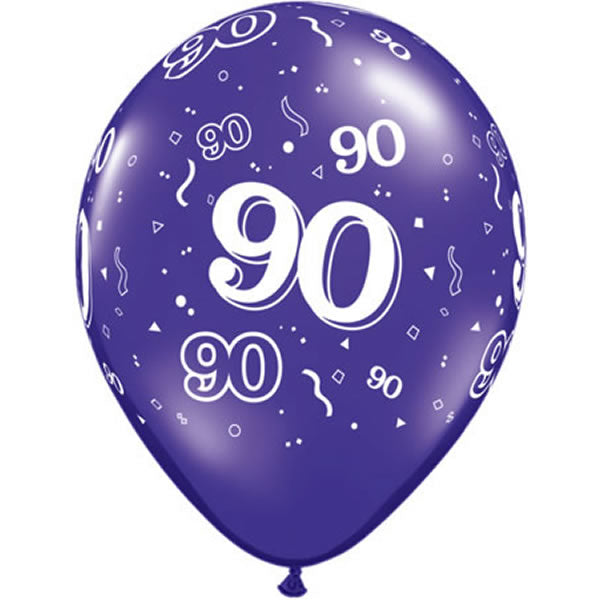 Ballonnen rondom bedrukt met '90', 5 stuks