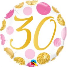 Folie helium ballon 30 jaar roze en gouden stippen