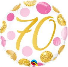 Folie helium ballon 70 jaar roze en gouden stippen