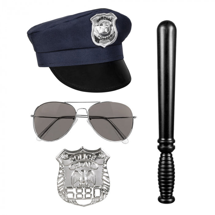 Politie set (pet, partybril, badge en knuppel 33cm)