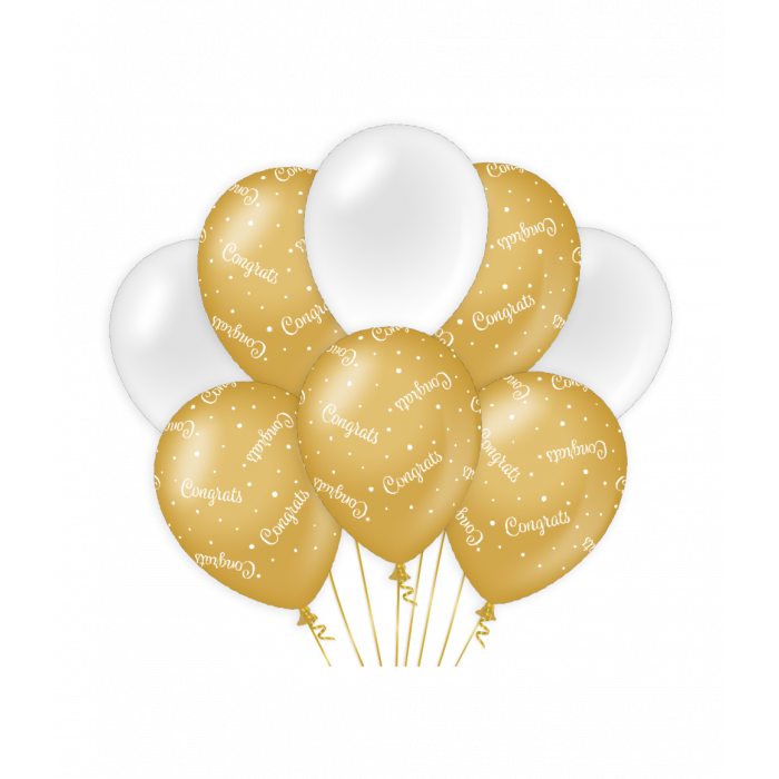 Ballonnen Gold/White - Congrats   8 stuks