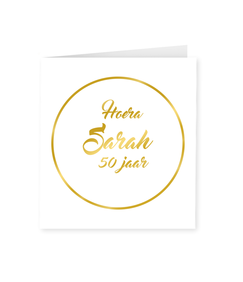 Wenskaart Gold/White  Hoera Sarah 50 jaar