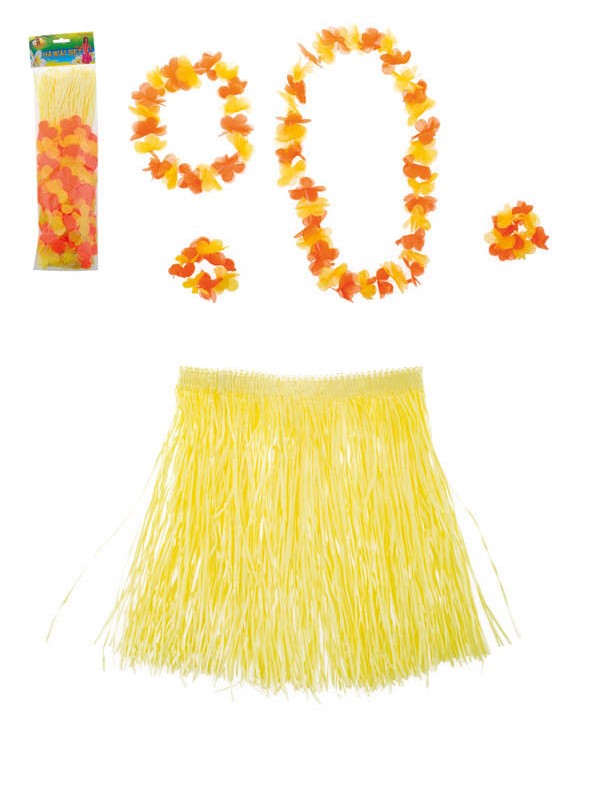 Hawaii rokje 60 cm met haarclip bloem en bloemenkransje