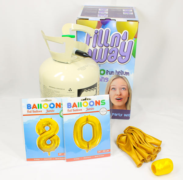 Bus helium voor 30 ballonnen inclusief 2 foliecijfers goud 34", een zakje ballonnen van 10 stuks en een rolletje krullint in de kleur goud