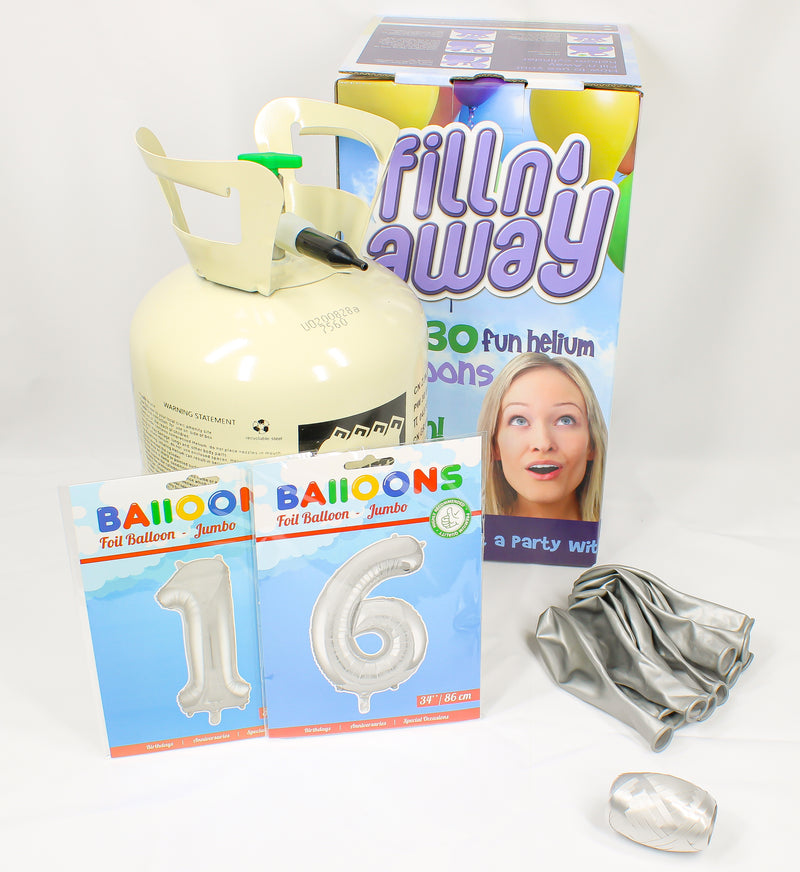 Bus helium voor 30 ballonnen inclusief 2 foliecijfers zilver 34", een zakje ballonnen van 10 stuks en een rolletje krullint in de kleur zilver
