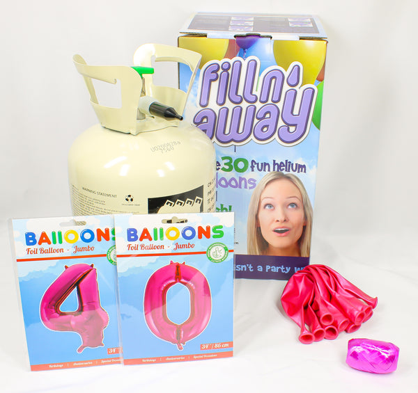 Bus helium voor 30 ballonnen inclusief 2 foliecijfers donker roze 34", een zakje ballonnen van 10 stuks en een rolletje krullint in de kleur donker roze