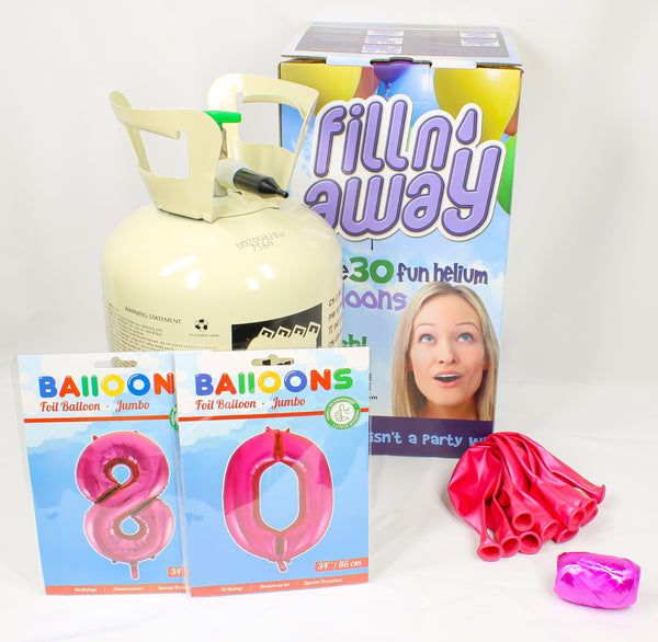 Bus helium voor 30 ballonnen inclusief 2 foliecijfers donker roze 34", een zakje ballonnen van 10 stuks en een rolletje krullint in de kleur donker roze