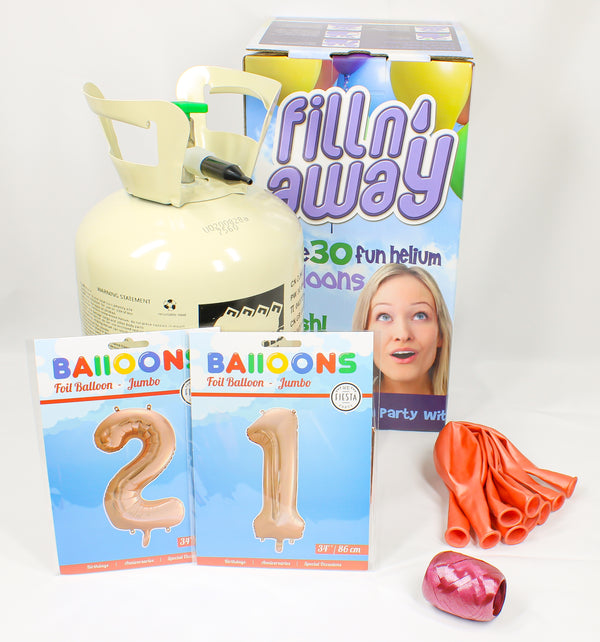 Bus helium voor 30 ballonnen inclusief 2 foliecijfers rosé goud 34", een zakje ballonnen van 10 stuks en een rolletje krullint in de kleur rosé goud