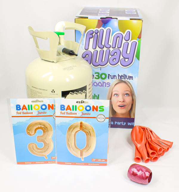 Bus helium voor 30 ballonnen inclusief 2 foliecijfers rosé goud 34", een zakje ballonnen van 10 stuks en een rolletje krullint in de kleur rosé goud