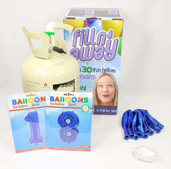 Bus helium voor 30 ballonnen inclusief 2 foliecijfers donker blauw 34", een zakje ballonnen van 10 stuks en een rolletje krullint in de kleur donker blauw